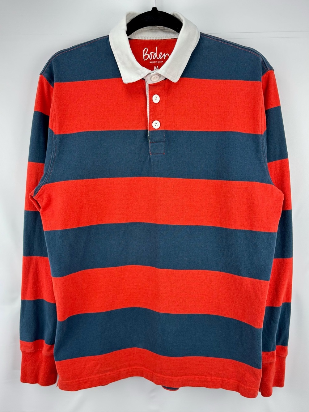 Boden Wide-Striped Rugby Polo in Red, Navy & White Collar